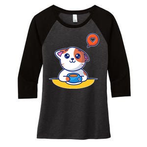 Coffee Cat Hollow Heart Women's Tri-Blend 3/4-Sleeve Raglan Shirt