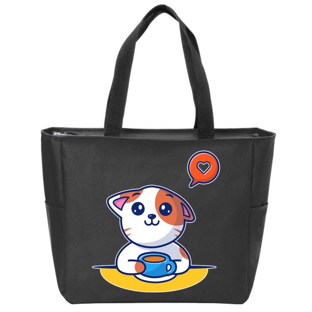 Coffee Cat Hollow Heart Zip Tote Bag