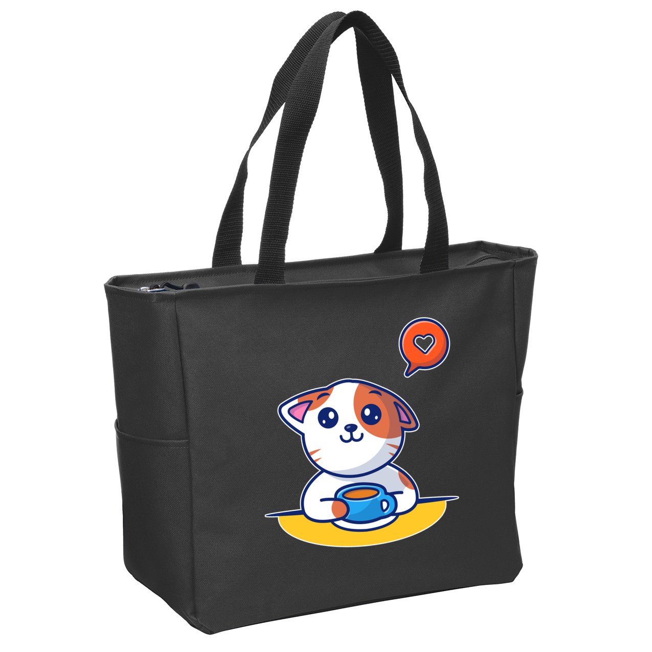Coffee Cat Hollow Heart Zip Tote Bag