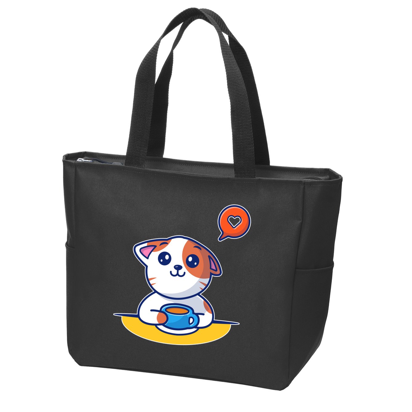 Coffee Cat Hollow Heart Zip Tote Bag