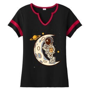 Coffee Loving Space Astronaut Moon Crest Ladies Halftime Notch Neck Tee