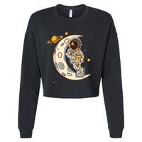 Coffee Loving Space Astronaut Moon Crest Cropped Pullover Crew