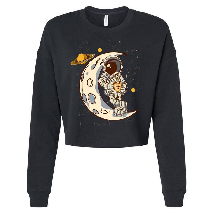 Coffee Loving Space Astronaut Moon Crest Cropped Pullover Crew