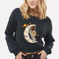 Coffee Loving Space Astronaut Moon Crest Cropped Pullover Crew