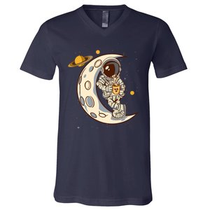 Coffee Loving Space Astronaut Moon Crest V-Neck T-Shirt