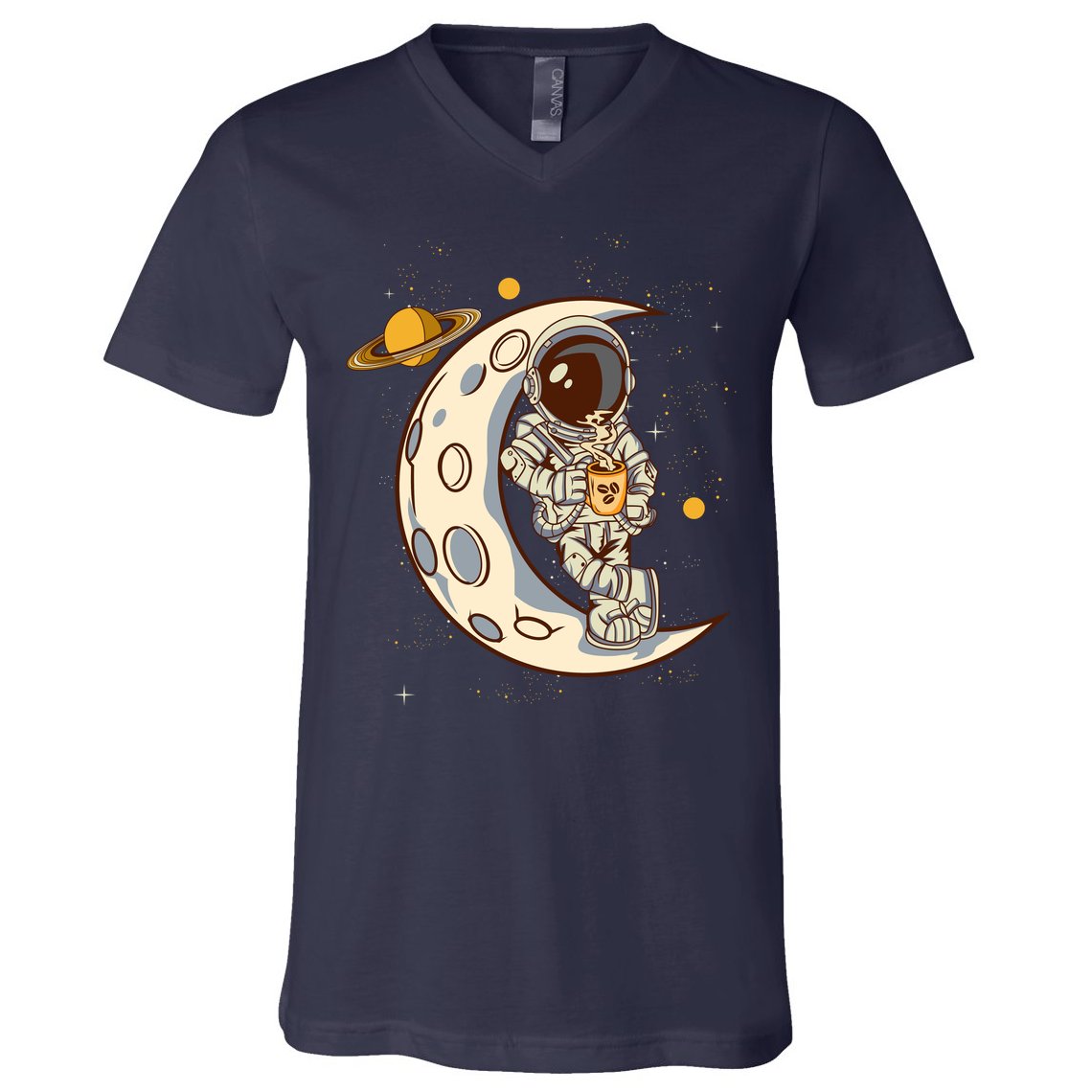 Coffee Loving Space Astronaut Moon Crest V-Neck T-Shirt