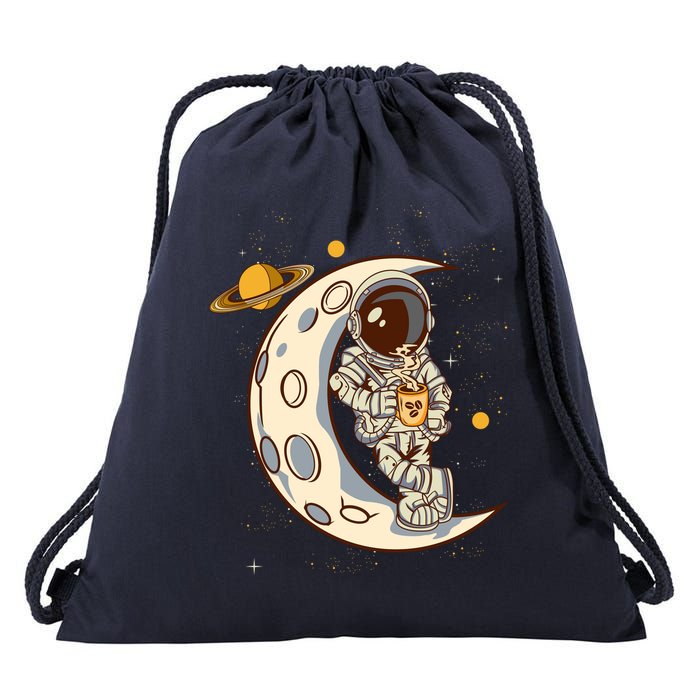 Coffee Loving Space Astronaut Moon Crest Drawstring Bag