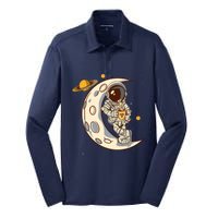 Coffee Loving Space Astronaut Moon Crest Silk Touch Performance Long Sleeve Polo