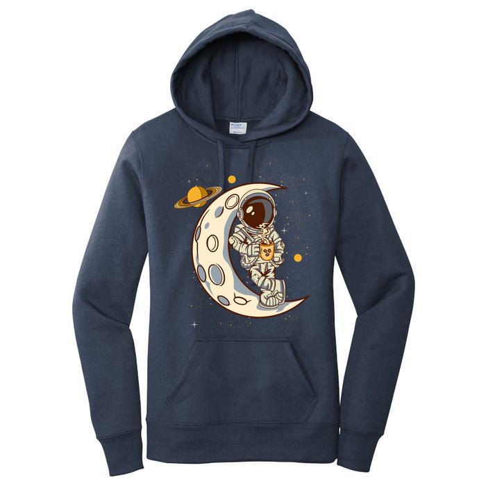 Coffee Loving Space Astronaut Moon Crest Women's Pullover Hoodie