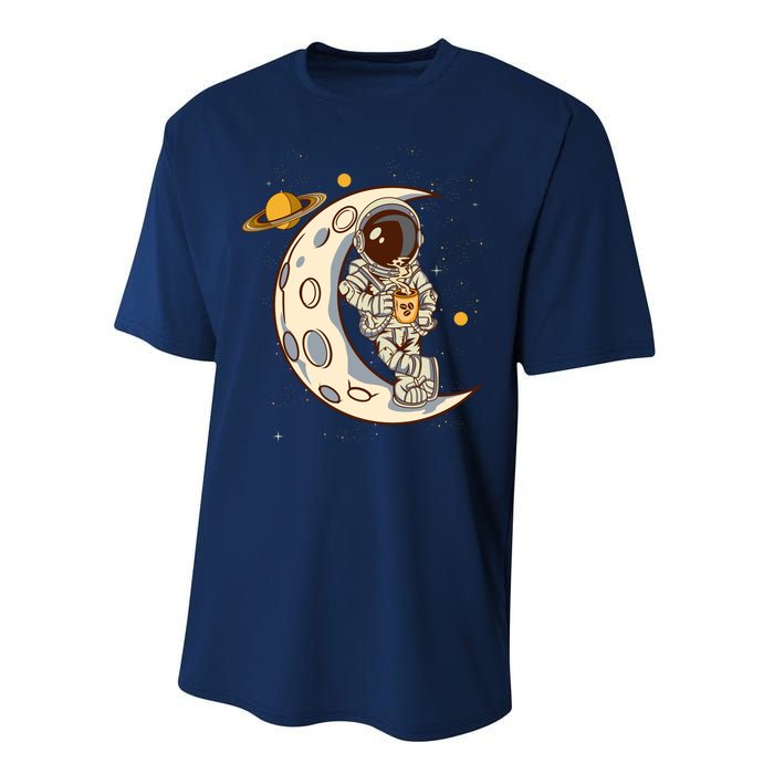 Coffee Loving Space Astronaut Moon Crest Performance Sprint T-Shirt