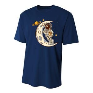 Coffee Loving Space Astronaut Moon Crest Youth Performance Sprint T-Shirt