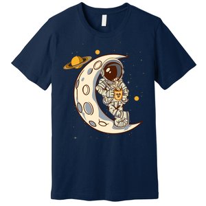 Coffee Loving Space Astronaut Moon Crest Premium T-Shirt