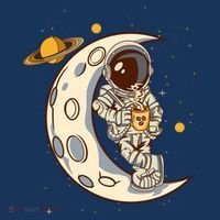 Coffee Loving Space Astronaut Moon Crest Pom Pom 12in Knit Beanie