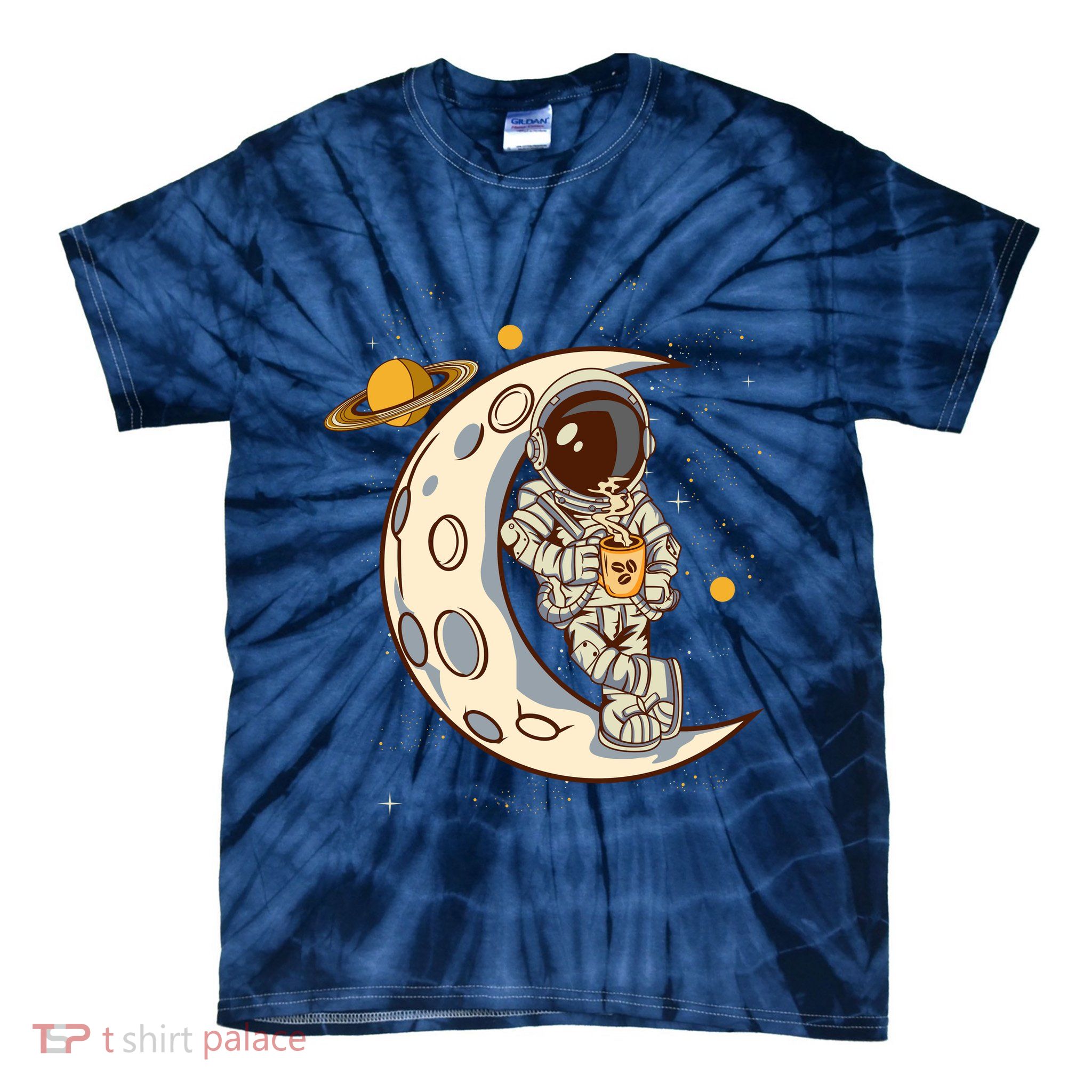 Coffee Loving Space Astronaut Moon Crest Tie-Dye T-Shirt