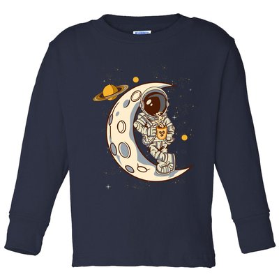 Coffee Loving Space Astronaut Moon Crest Toddler Long Sleeve Shirt