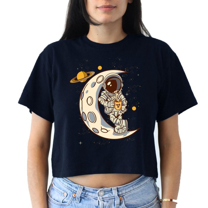 Coffee Loving Space Astronaut Moon Crest Crop Top