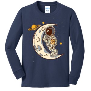 Coffee Loving Space Astronaut Moon Crest Kids Long Sleeve Shirt