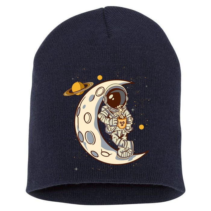 Coffee Loving Space Astronaut Moon Crest Short Acrylic Beanie