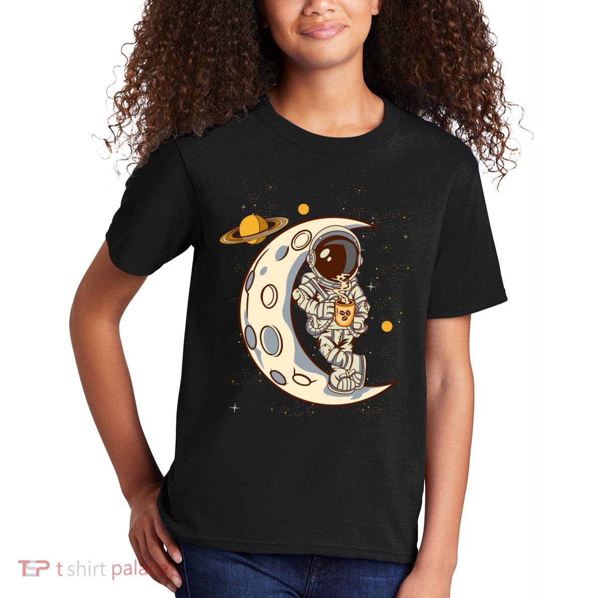 Coffee Loving Space Astronaut Moon Crest Kids T-Shirt