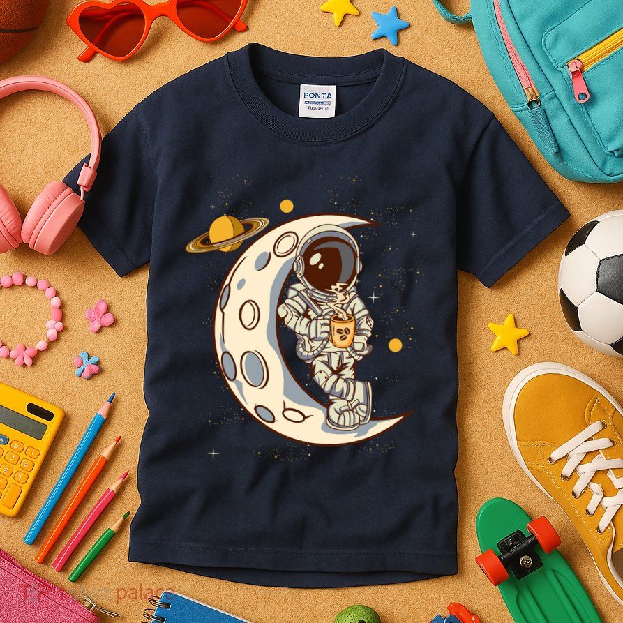 Coffee Loving Space Astronaut Moon Crest Kids T-Shirt