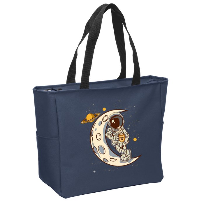 Coffee Loving Space Astronaut Moon Crest Zip Tote Bag
