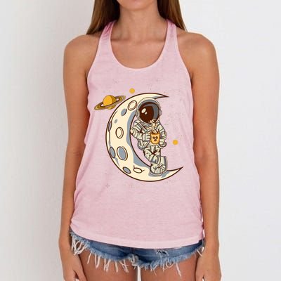 Coffee Loving Space Astronaut Moon Crest Women's Knotted Racerback Tank