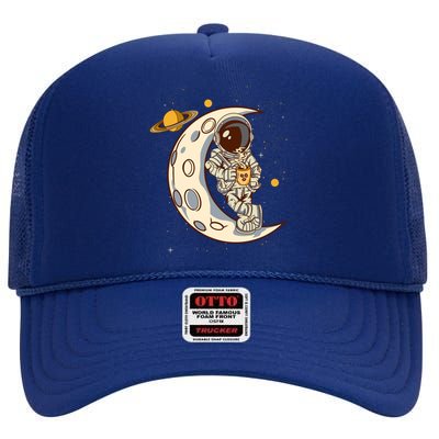 Coffee Loving Space Astronaut Moon Crest High Crown Mesh Back Trucker Hat