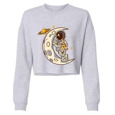 Coffee Loving Space Astronaut Moon Crest Cropped Pullover Crew