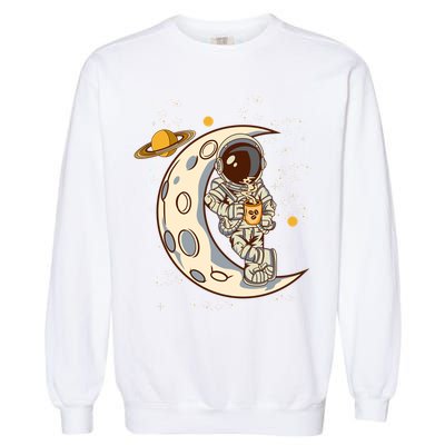 Coffee Loving Space Astronaut Moon Crest Garment-Dyed Sweatshirt