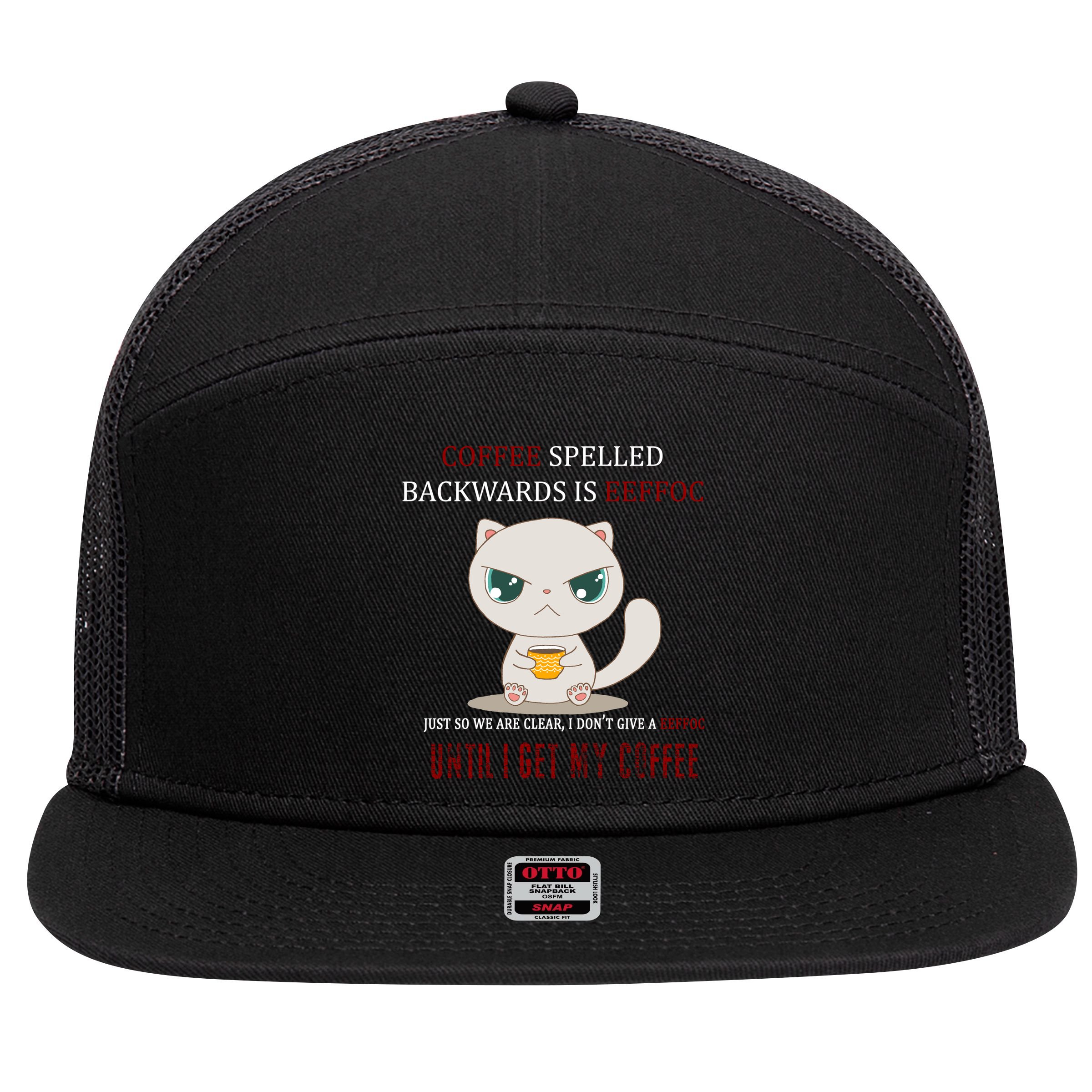 Coffee Spelled Backwards EEFOC 7 Panel Mesh Trucker Snapback Hat