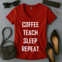 Coffee Teach Sleep Repeat Funny Teacher Women's V-Neck T-Shirt