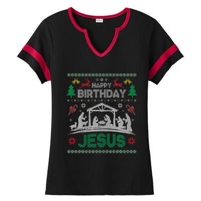 Christmas Outfit Happy Birthday Jesus Holiday Ugly Ladies Halftime Notch Neck Tee