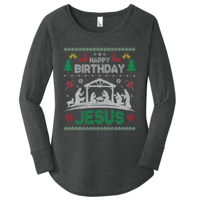 Christmas Outfit Happy Birthday Jesus Holiday Ugly Women's Perfect Tri Tunic Long Sleeve Shirt