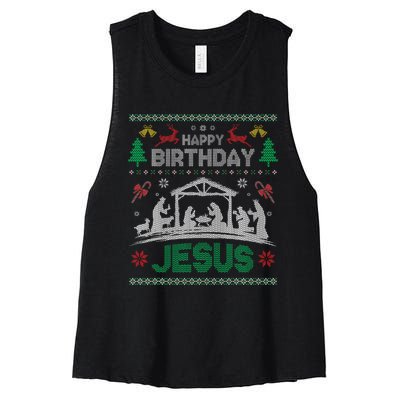 Christmas Outfit Happy Birthday Jesus Holiday Ugly Women's Racerback Cropped Tank