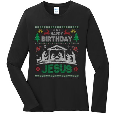 Christmas Outfit Happy Birthday Jesus Holiday Ugly Ladies Long Sleeve Shirt