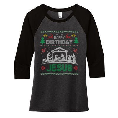 Christmas Outfit Happy Birthday Jesus Holiday Ugly Women's Tri-Blend 3/4-Sleeve Raglan Shirt