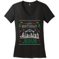 Christmas Outfit Happy Birthday Jesus Holiday Ugly Women's V-Neck T-Shirt