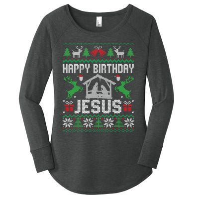 Christmas Outfit Happy Birthday Jesus Holiday Ugly Sweater Women's Perfect Tri Tunic Long Sleeve Shirt