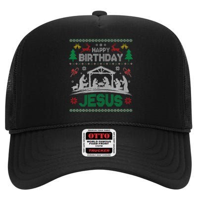 Christmas Outfit Happy Birthday Jesus Holiday Ugly Sweater High Crown Mesh Back Trucker Hat