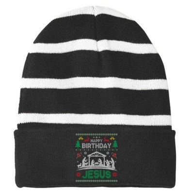 Christmas Outfit Happy Birthday Jesus Holiday Ugly Sweater Striped Beanie with Solid Band