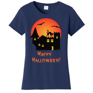 Creepy Old House Spooky Black Cat And Bats Halloween Women's T-Shirt