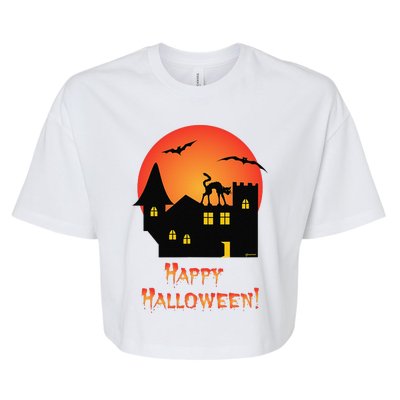 Creepy Old House Spooky Black Cat And Bats Halloween Bella+Canvas Jersey Crop Tee