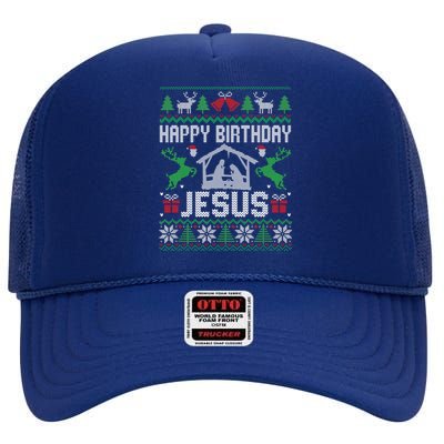 Christmas Outfit Happy Birthday Jesus Holiday Ugly Great Gift High Crown Mesh Back Trucker Hat