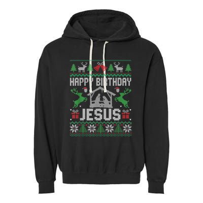 Christmas Outfit Happy Birthday Jesus Holiday Ugly Sweater Garment-Dyed Fleece Hoodie