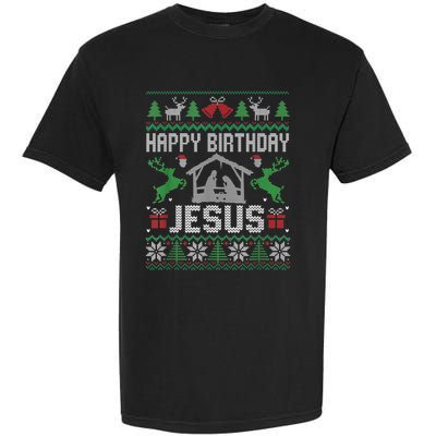 Christmas Outfit Happy Birthday Jesus Holiday Ugly Sweater Garment-Dyed Heavyweight T-Shirt