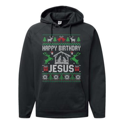 Christmas Outfit Happy Birthday Jesus Holiday Ugly Sweater Performance Fleece Hoodie