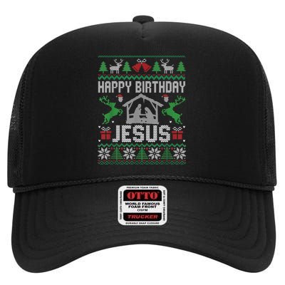 Christmas Outfit Happy Birthday Jesus Holiday Ugly Sweater High Crown Mesh Back Trucker Hat