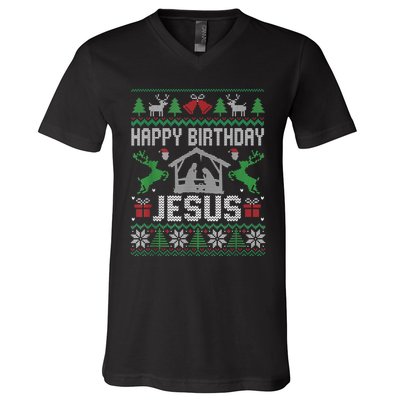 Christmas Outfit Happy Birthday Jesus Holiday Ugly Sweater V-Neck T-Shirt