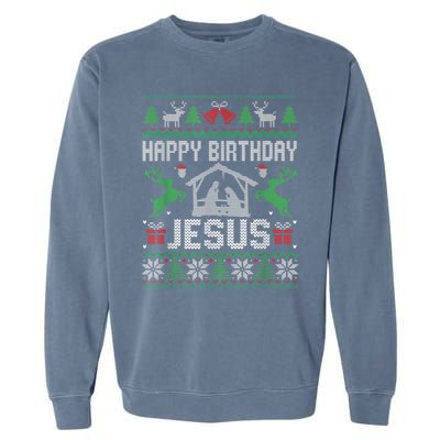 Christmas Outfit Happy Birthday Jesus Holiday Ugly Sweater Garment-Dyed Sweatshirt