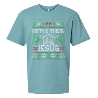 Christmas Outfit Happy Birthday Jesus Holiday Ugly Sweater Sueded Cloud Jersey T-Shirt